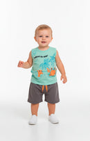 Conjunto Regata Estampado Infantil Menino Amigos do Mar Verde Claro com Bermuda Cinza