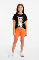 Conjunto Curto Verão Infantil Menina Gatinhos Wow Hi – Preto e Laranja