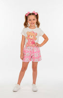 Conjunto Curto Verão Infantil Menina Ursinha e Flores – Off White e Rosa