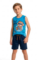 Conjunto Regata Estampado Infantil Menino Pool Party Azul com Bermuda Marinho