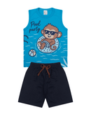 Conjunto Regata Estampado Infantil Menino Pool Party Azul com Bermuda Marinho