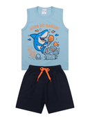 Conjunto Regata Estampado Infantil Menino Tubarão Hora do Rango Azul Claro com Bermuda Marinho