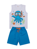 Conjunto Regata Estampado Infantil Menino Polvo Mergulhador Branco com Bermuda Azul