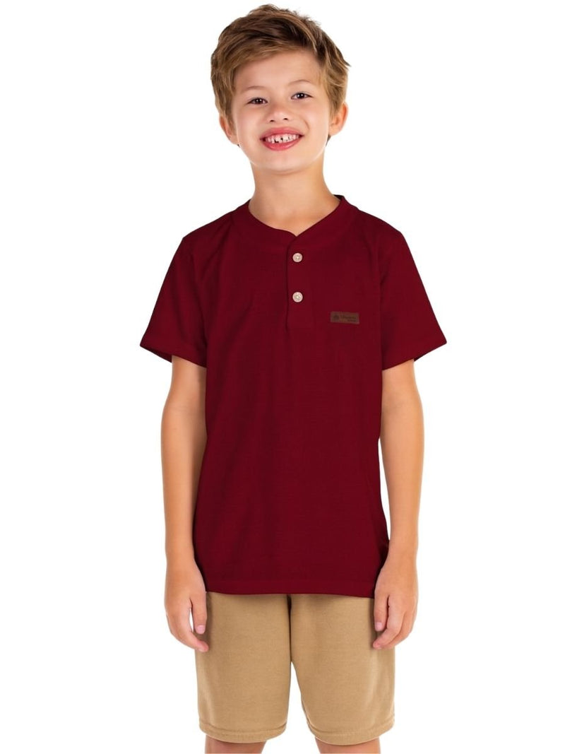 Camisa Infantil Manga Curta Henley Gola Padre Bordô