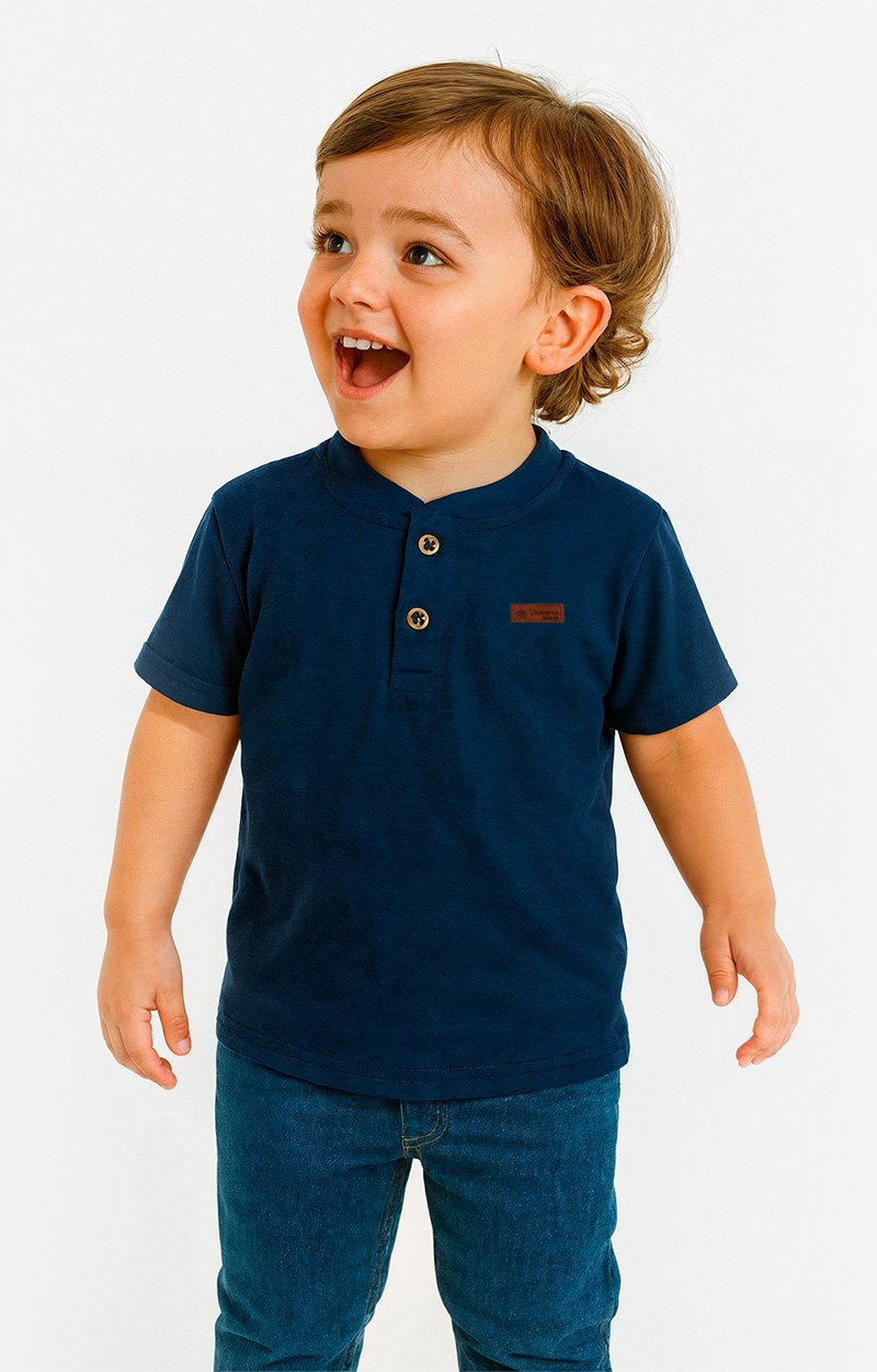 Camisa Infantil Manga Curta Henley Gola Padre Marinho