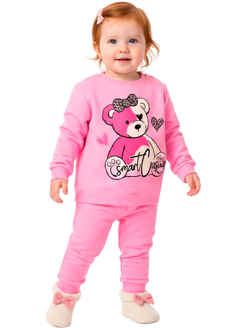 Conjunto Moletom Bebe Menina Urso Smart Casual Rosa BB