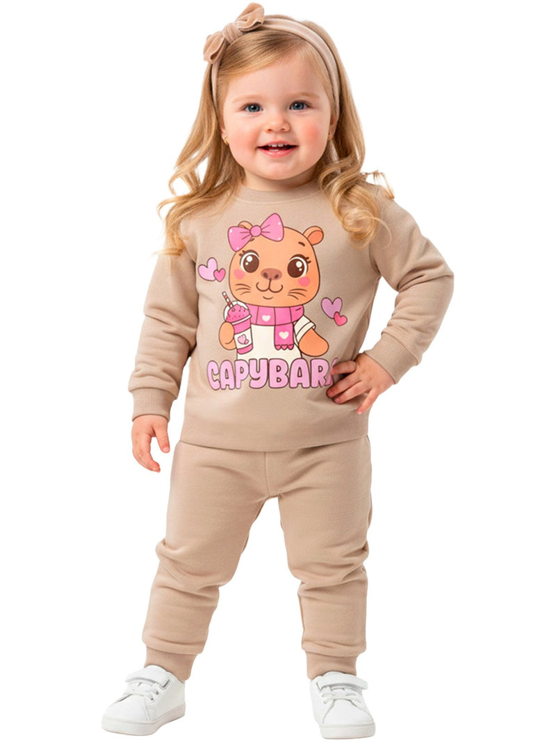 Conjunto Moletom Bebe Menina Capybara Corações Canela