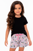 Conjunto Infantil Menina Preto com Bermuda Lilás Estampada Pandas