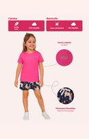 Conjunto Infantil Menina Pink com Bermuda Azul Estampada Lhamas – Algodão Confortável