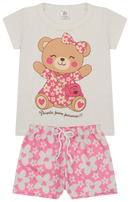 Conjunto Curto Verão Infantil Menina Ursinha e Flores – Off White e Rosa