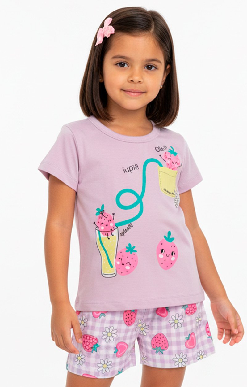 Conjunto Curto Verão Infantil Menina Moranguinhos – Lilás Xadrez com Margaridas