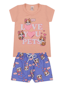 Conjunto Curto Verão Infantil Menina Love You Pets – Pêssego e Lilás