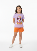 Conjunto Curto Verão Infantil Menina Hello Summer Cat – Lilás e Laranja