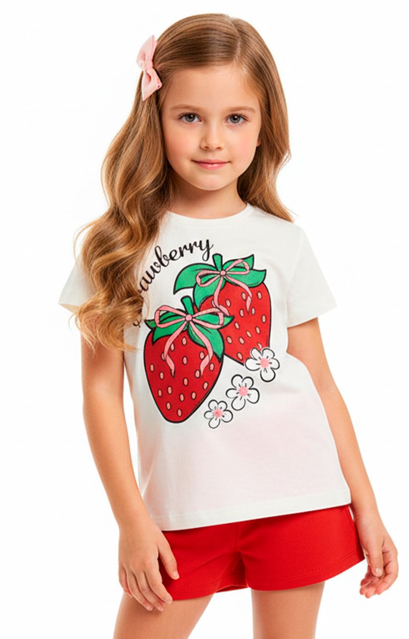 Conjunto Curto Verão Infantil Menina Strawberry – Off White e Vermelho
